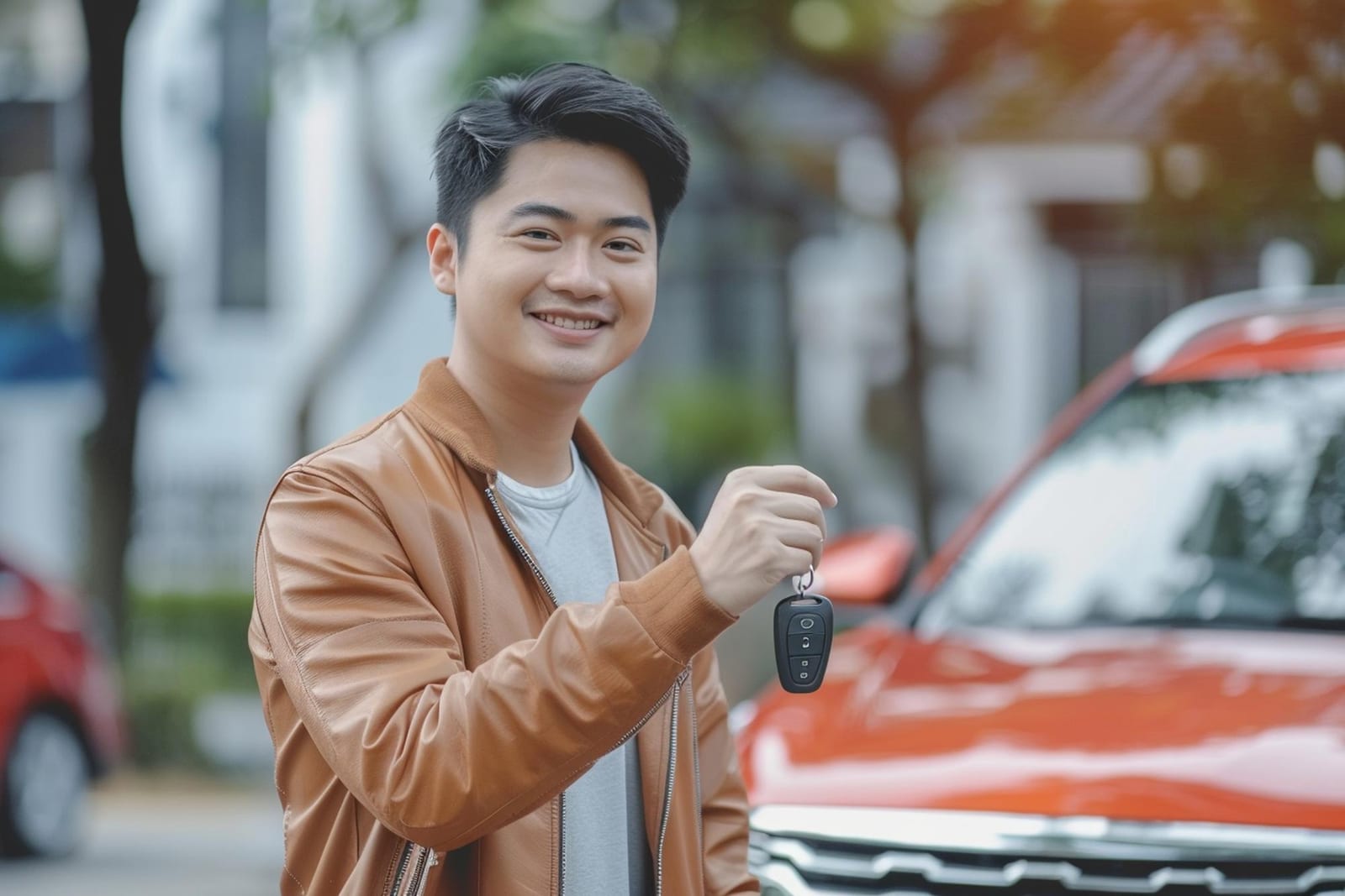 赤い車の前で笑顔で鍵を掲げる男性の様子。